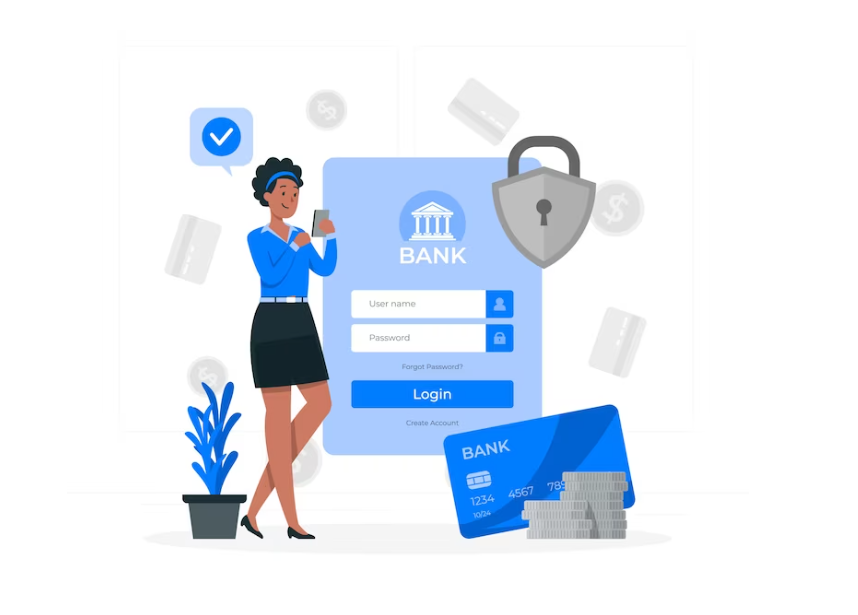 A woman interacting with a secure bank login interface