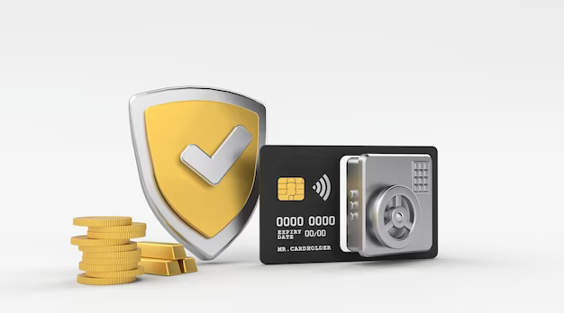 3d credit card with steel safe and security sign on a white background